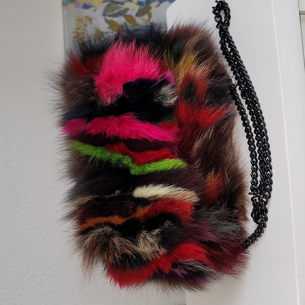 Multicolored Fur Clutch w/ free lipstick set
